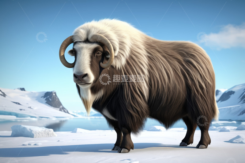 高清大图下载【趣麦麦图】雪地中站立的长毛野羊