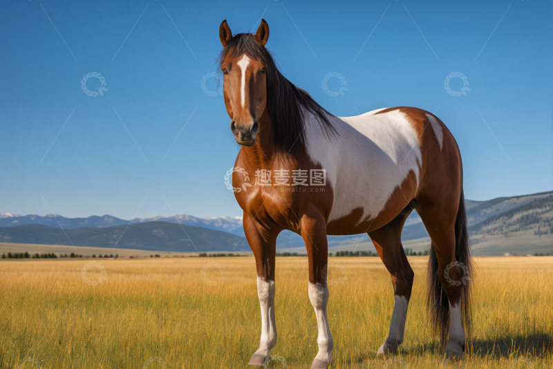 高清大图下载【趣麦麦图】草原上的棕白相间骏马