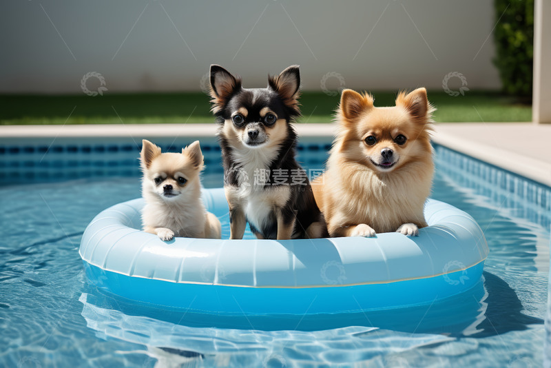高清大图下载【趣麦麦图】泳池中浮圈上的三只小狗