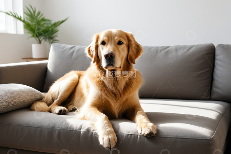 高清大图下载【趣麦麦图】金毛犬趴卧在客厅沙发上