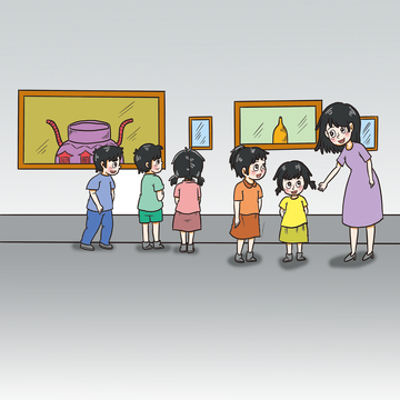 老师带孩子参观画展插画