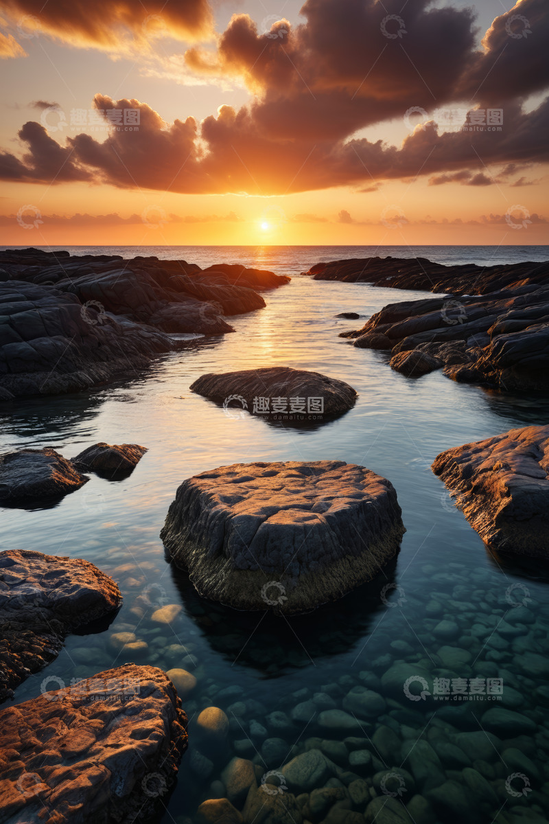 高清大图下载【趣麦麦图】海边日落时的礁石与水面景象