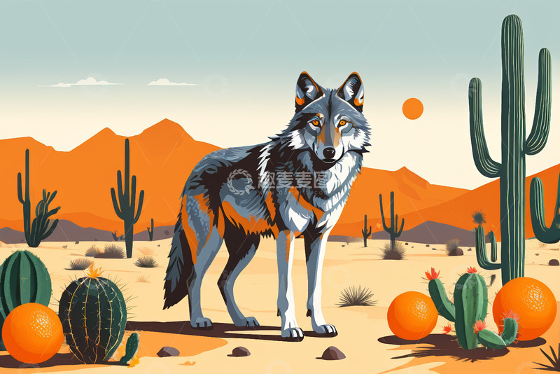 高清大图下载【趣麦麦图】沙漠中站立的狼与仙人掌插图