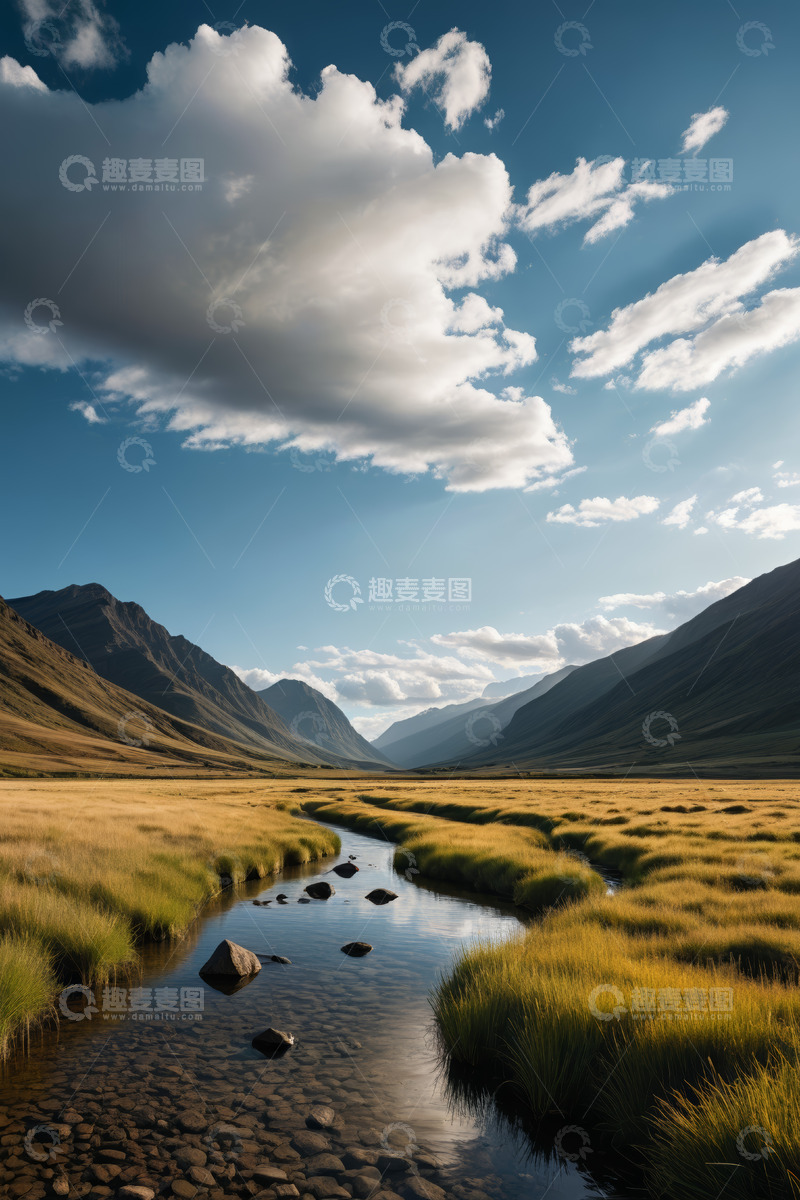 高清大图下载【趣麦麦图】山间草地溪流与蓝天白云风景