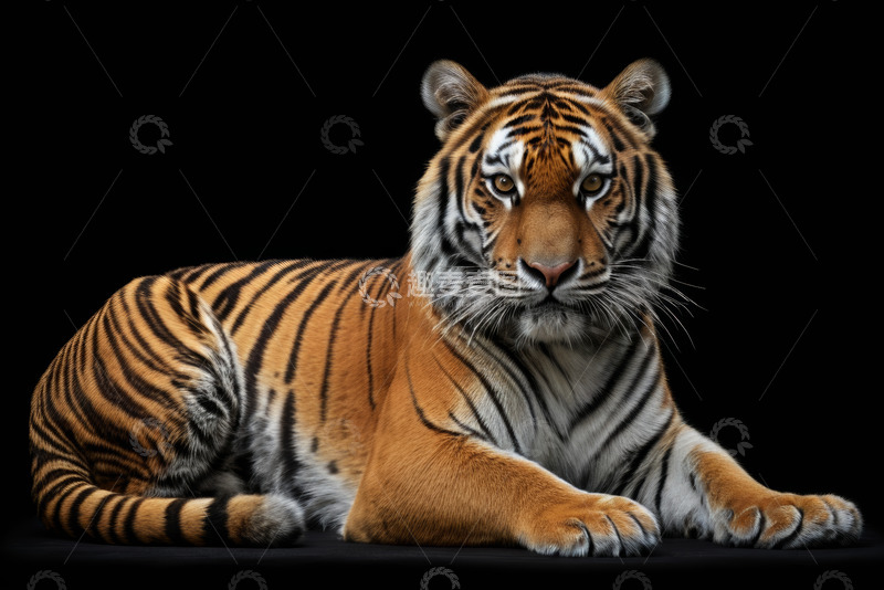 高清大图下载【趣麦麦图】黑色背景下趴卧的老虎
