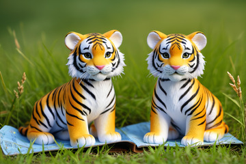 草地上的两只老虎玩偶