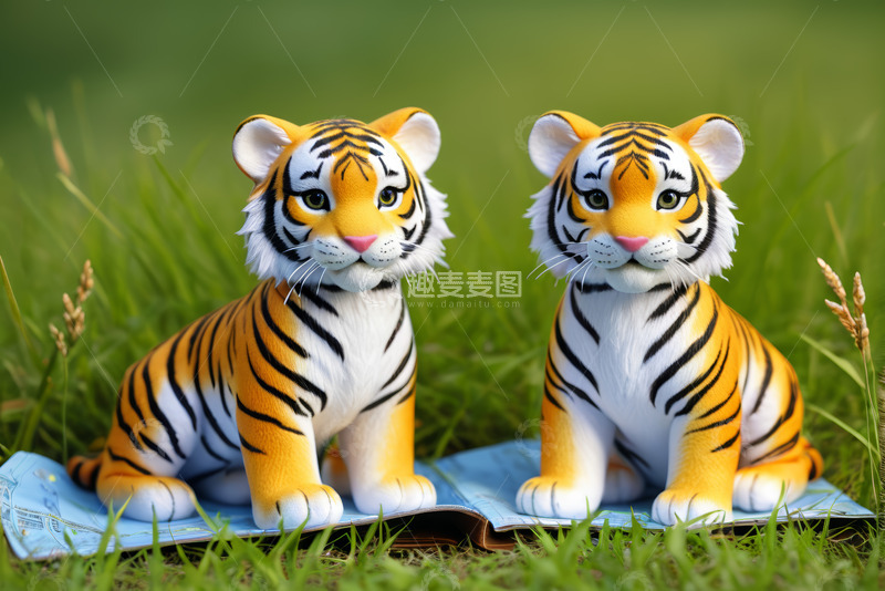 高清大图下载【趣麦麦图】草地上的两只老虎玩偶