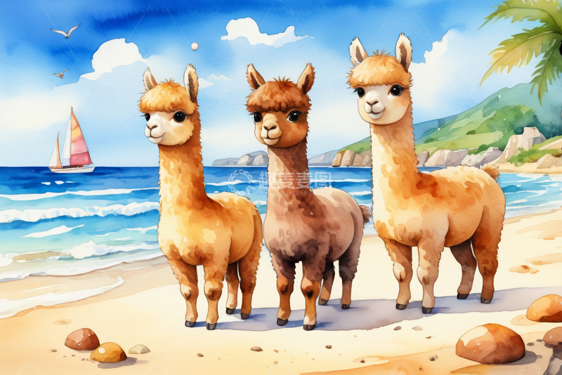 高清大图下载【趣麦麦图】海滩上的三只羊驼