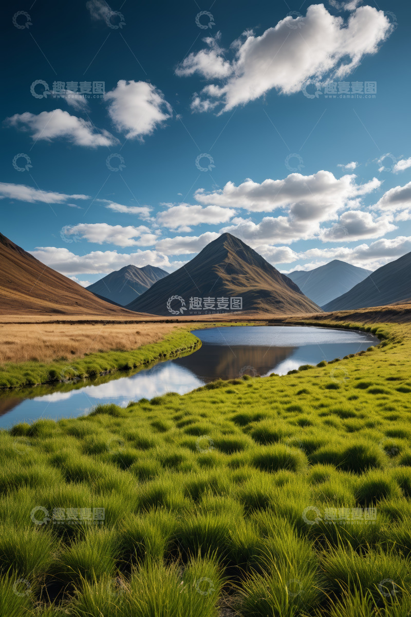 高清大图下载【趣麦麦图】草原湖泊与远山自然景观
