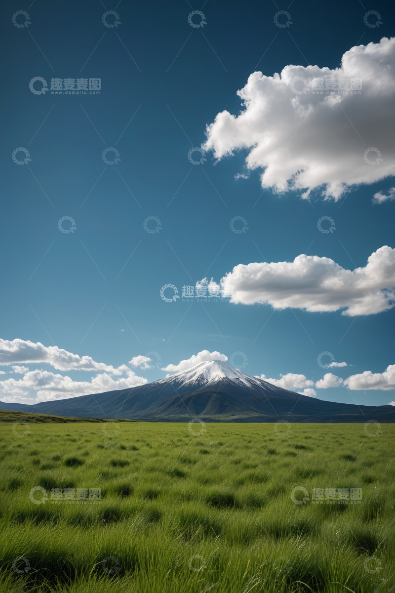 高清大图下载【趣麦麦图】草原上的雪山与蓝天白云景观