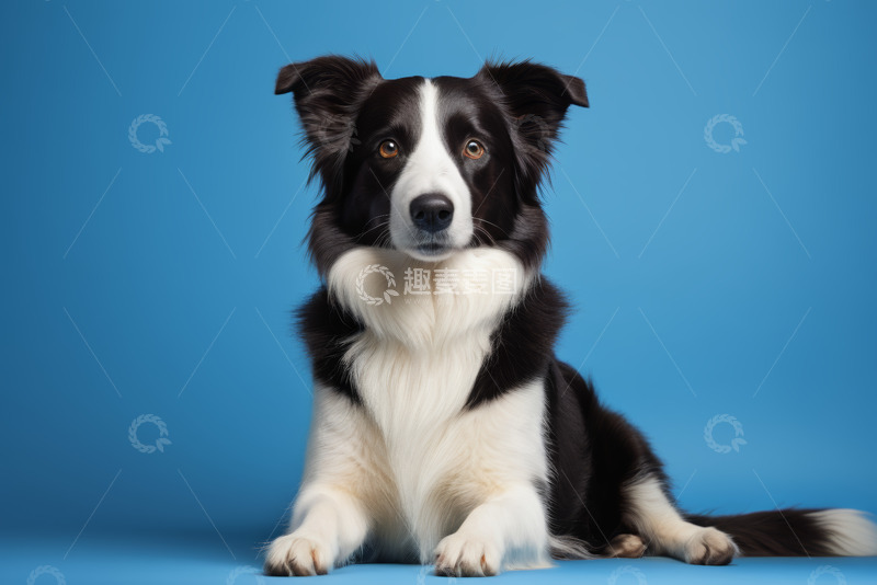 高清大图下载【趣麦麦图】蓝背景下黑白边牧宠物犬