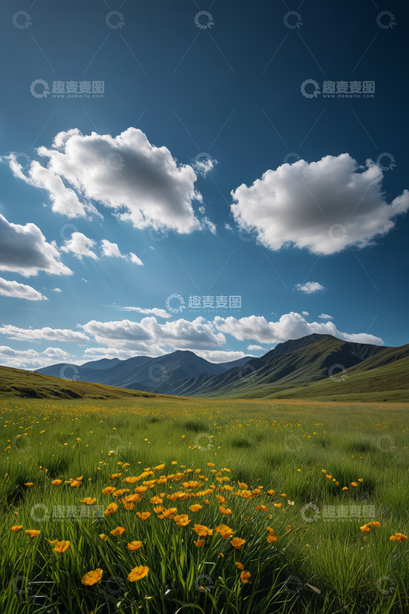 高清大图下载【趣麦麦图】草原上盛开的黄色野花与远山