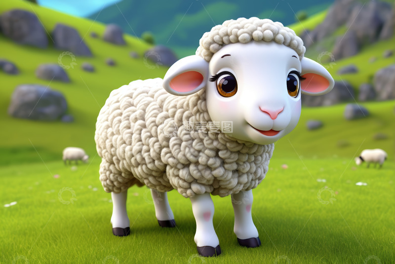 高清大图下载【趣麦麦图】卡通绵羊站在绿色草地场景