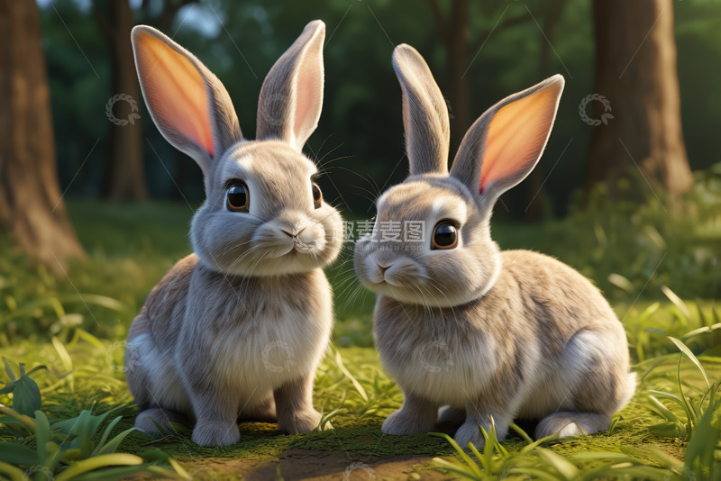 高清大图下载【趣麦麦图】森林中两只可爱的兔子
