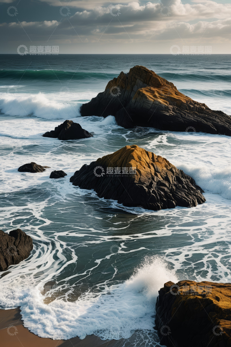 高清大图下载【趣麦麦图】海浪拍打海岸礁石景象