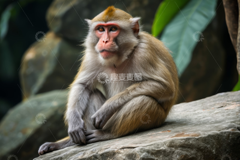 高清大图下载【趣麦麦图】石上坐立的猴子特写