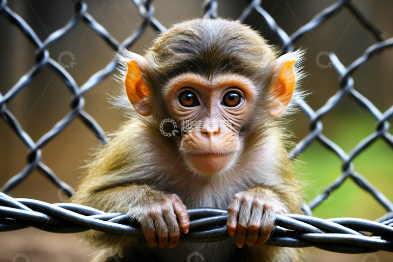 高清大图下载【趣麦麦图】铁丝网前的小猴子特写