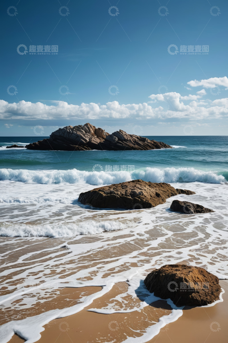 高清大图下载【趣麦麦图】海滩海浪拍打礁石景象