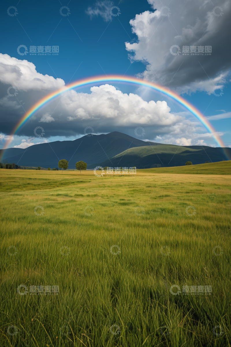 高清大图下载【趣麦麦图】草原上的彩虹与远山景观