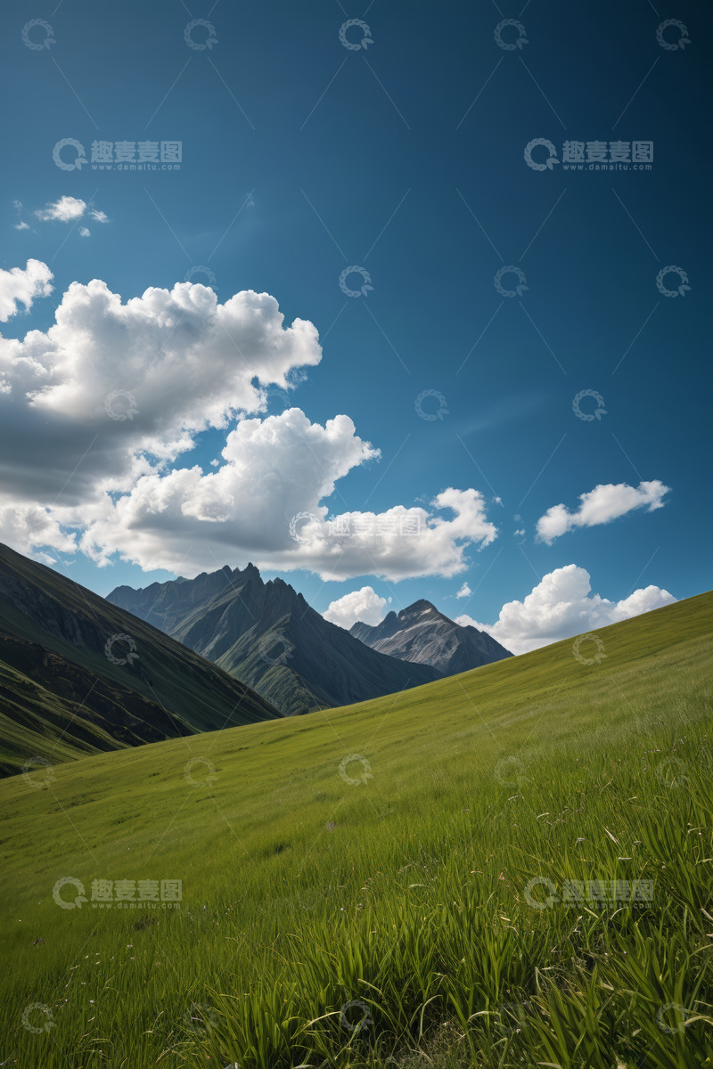 高清大图下载【趣麦麦图】蓝天白云下的草原与远山景观