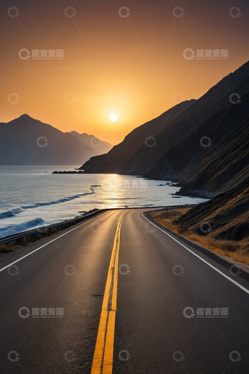 高清大图下载【趣麦麦图】夕阳下沿海公路景观