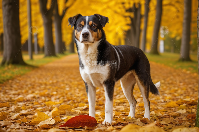 高清大图下载【趣麦麦图】秋日树林中站立的狗