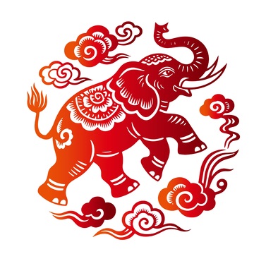 红色剪纸象云纹艺术图