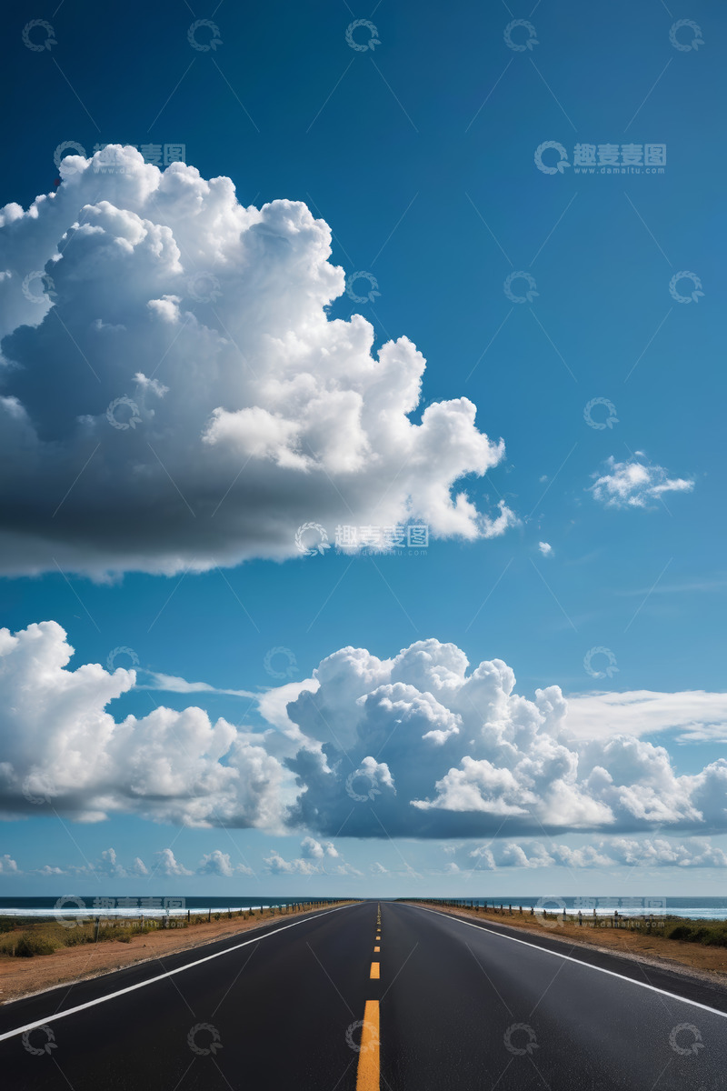 高清大图下载【趣麦麦图】沿海公路与蓝天白云风景