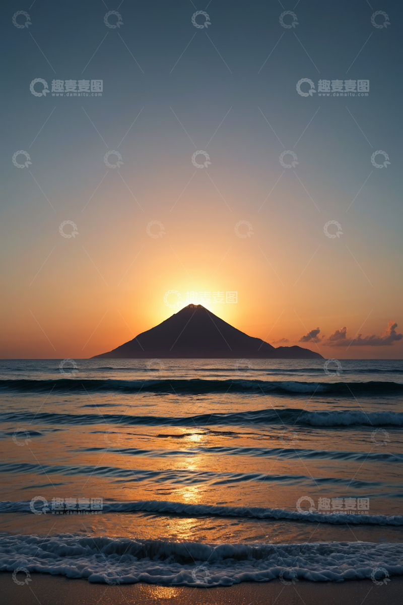 高清大图下载【趣麦麦图】海边日出时的远山景色