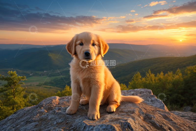 高清大图下载【趣麦麦图】山顶上坐着的金毛幼犬