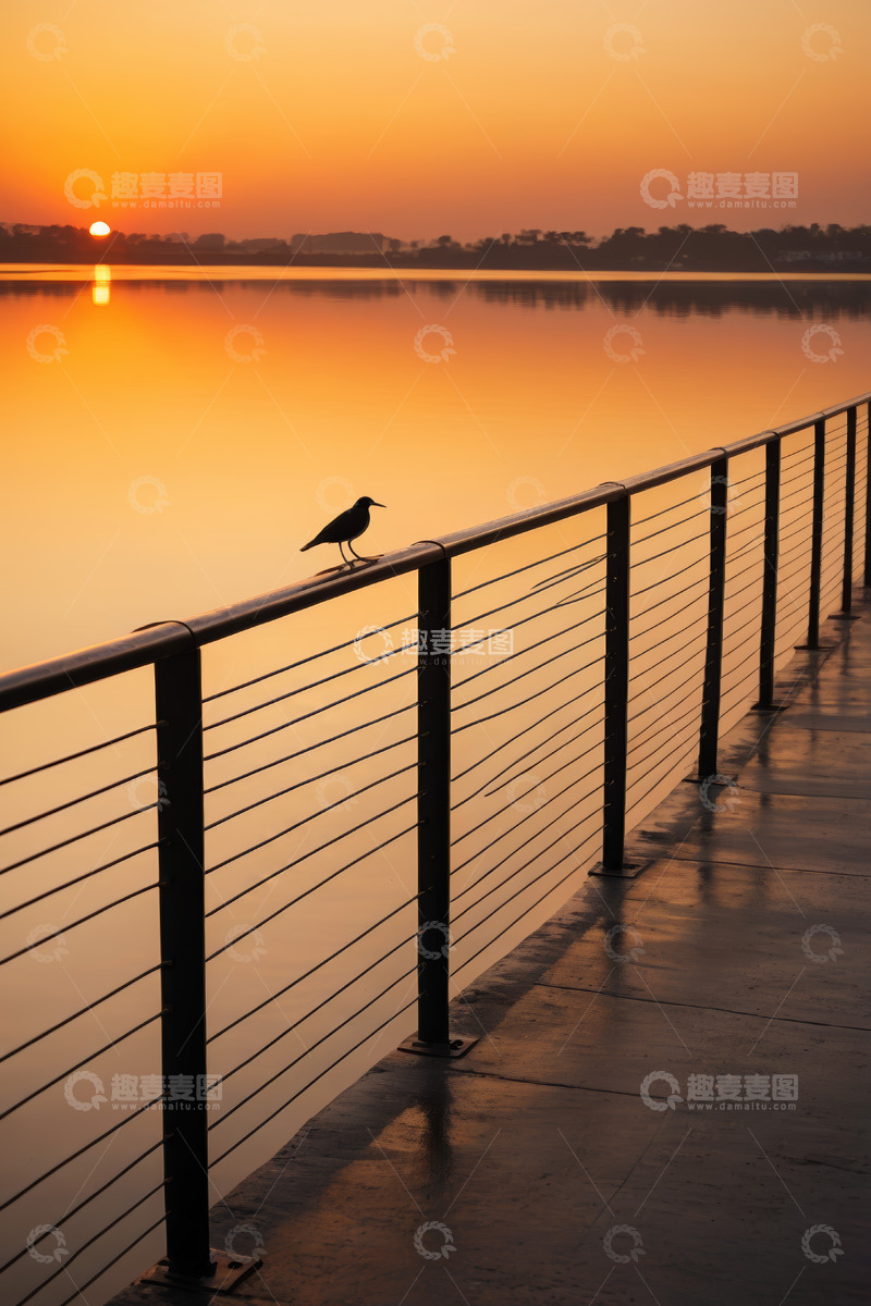 高清大图下载【趣麦麦图】夕阳下湖畔栏杆上的小鸟