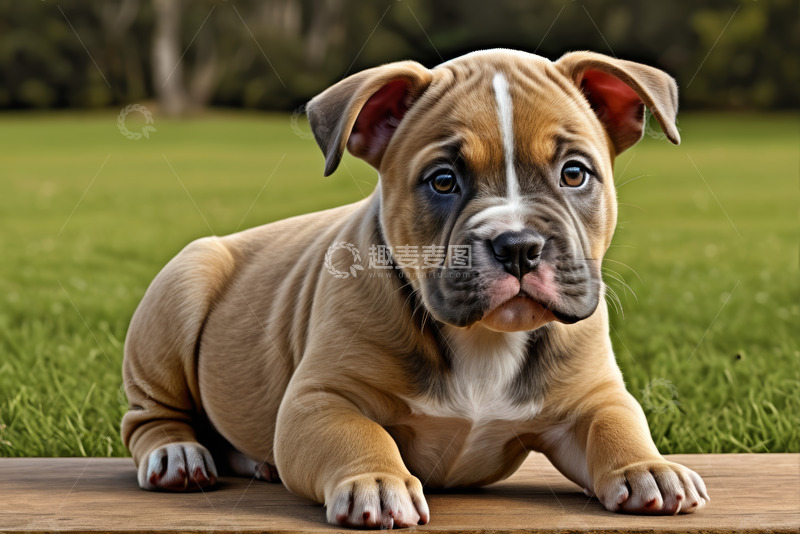 高清大图下载【趣麦麦图】趴在木板上的可爱斗牛犬幼犬