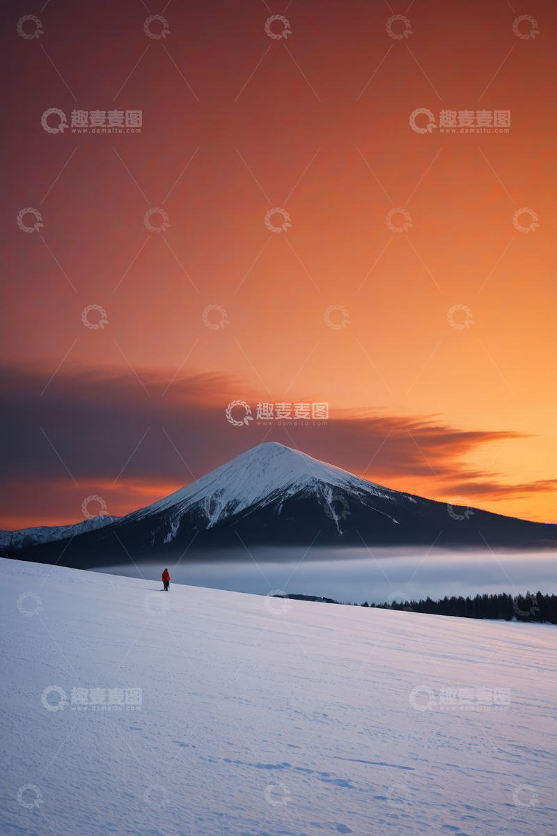 高清大图下载【趣麦麦图】雪山上的徒步者与壮丽晚霞
