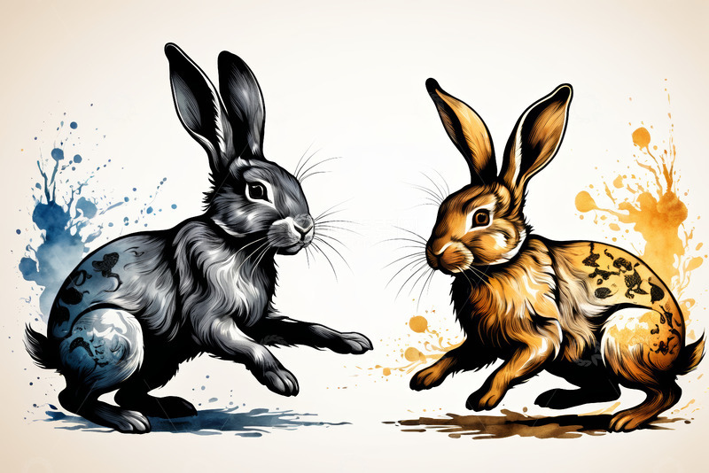 高清大图下载【趣麦麦图】两只姿态生动的兔子插画