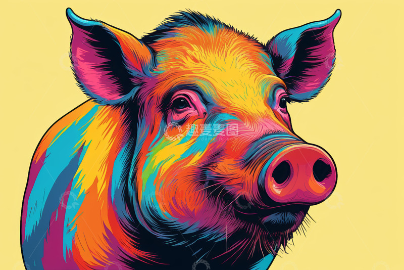 高清大图下载【趣麦麦图】彩色艺术风格猪的特写