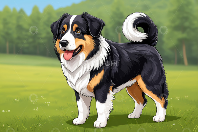 高清大图下载【趣麦麦图】草地中的三色狗形象