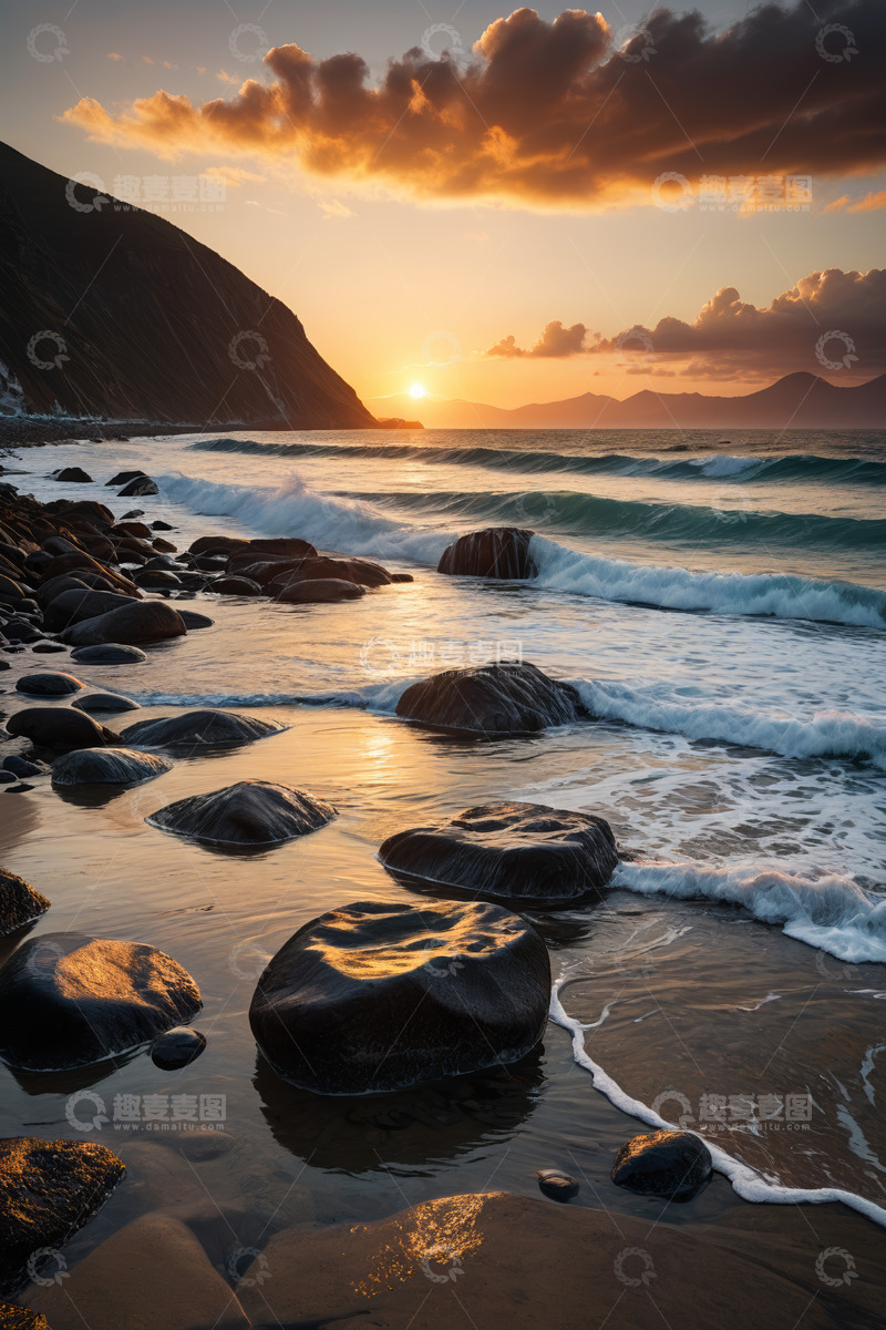 高清大图下载【趣麦麦图】海滩日落时分海浪拍打礁石