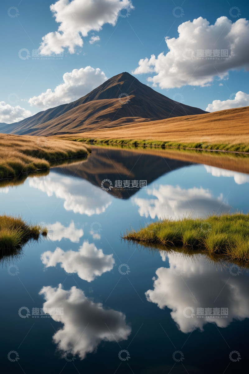 高清大图下载【趣麦麦图】山景草原与平静水面倒影