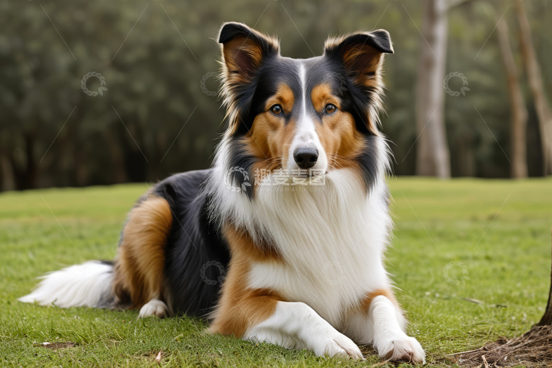 高清大图下载【趣麦麦图】草地中趴卧的三色牧羊犬
