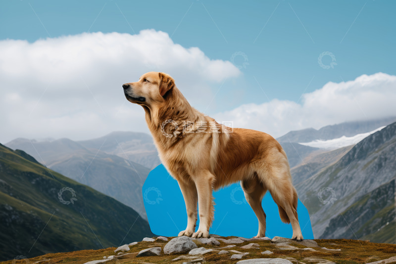 高清大图下载【趣麦麦图】高山上站立眺望的金毛犬