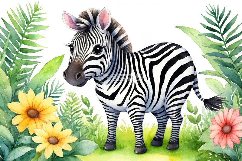 高清大图下载【趣麦麦图】卡通斑马与绿植花卉场景