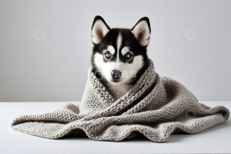 高清大图下载【趣麦麦图】裹着毛毯的哈士奇幼犬