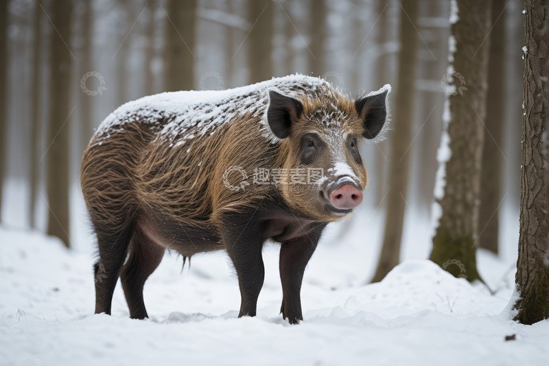 高清大图下载【趣麦麦图】雪地森林中的野猪