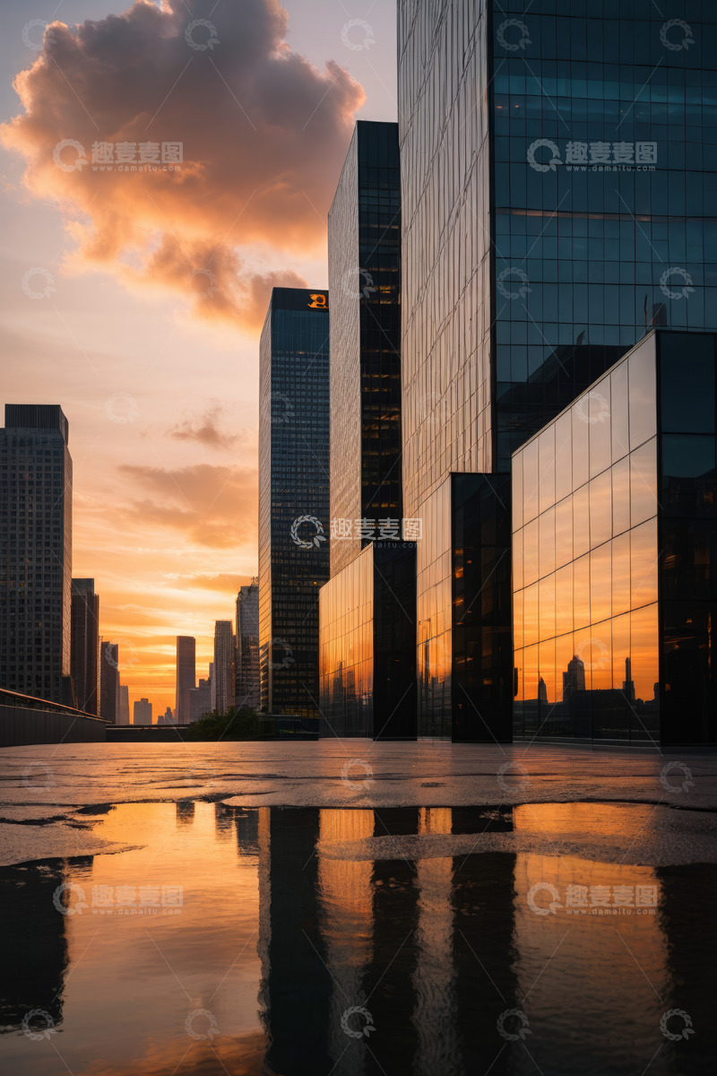 高清大图下载【趣麦麦图】日落时分城市高楼倒影景观