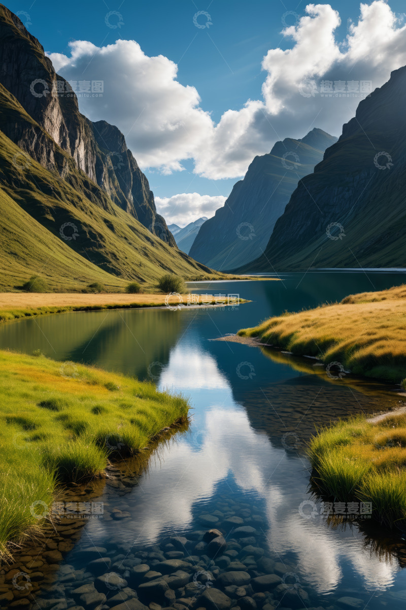 高清大图下载【趣麦麦图】山谷间宁静湖泊与溪流景观