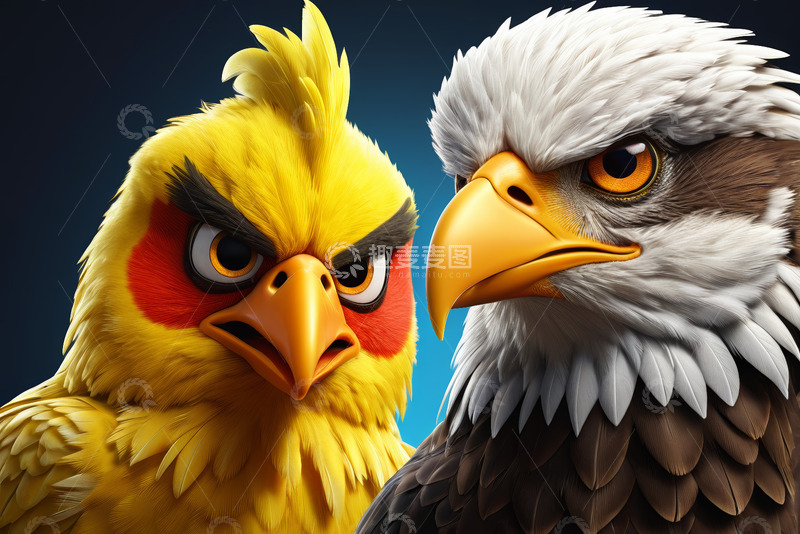 高清大图下载【趣麦麦图】愤怒的卡通公鸡与白头鹰特写