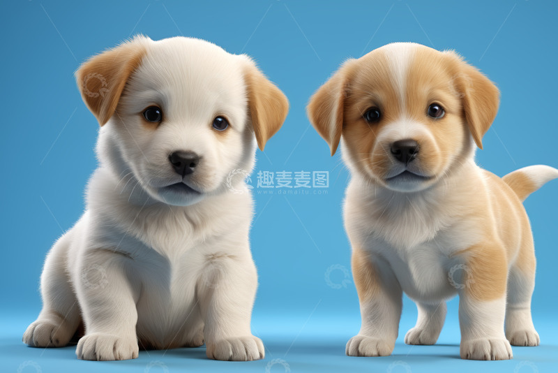 高清大图下载【趣麦麦图】两只可爱幼犬蓝色背景特写