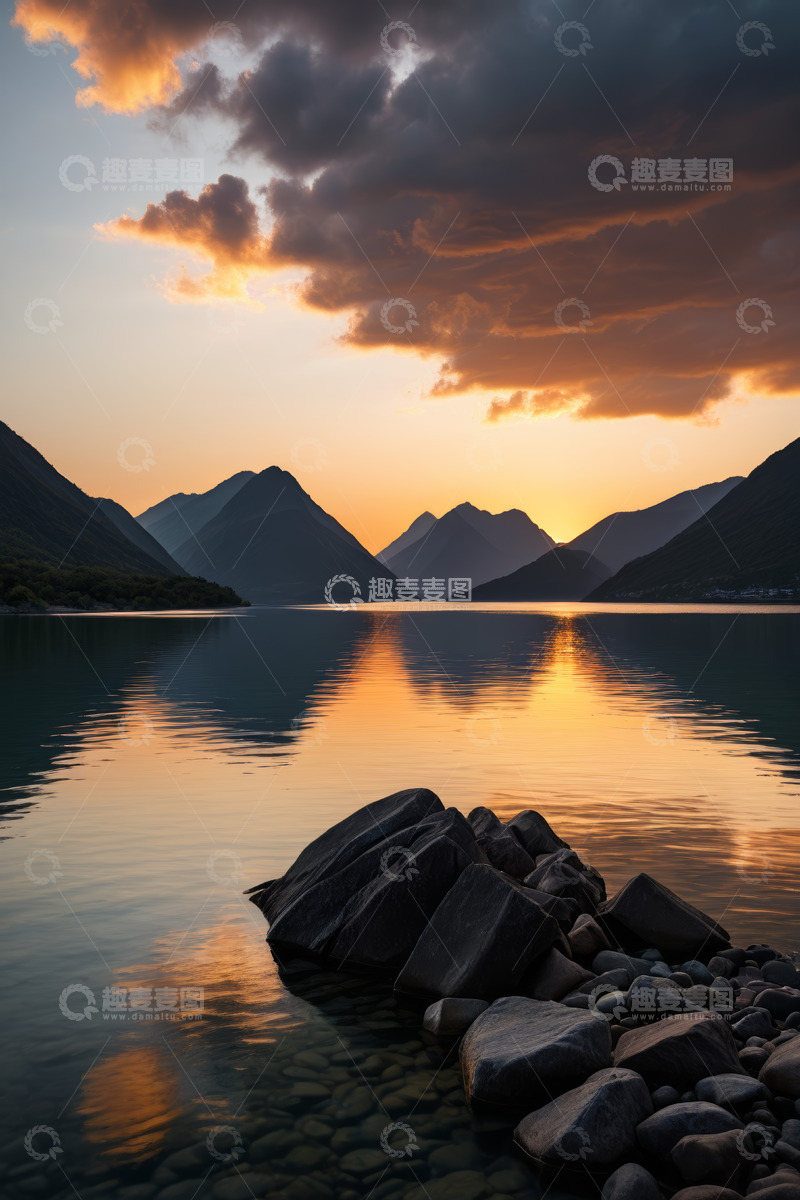 高清大图下载【趣麦麦图】山水间夕阳下的宁静湖面