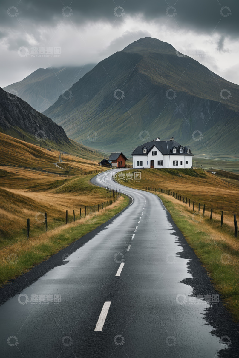高清大图下载【趣麦麦图】山间公路旁的小屋风景