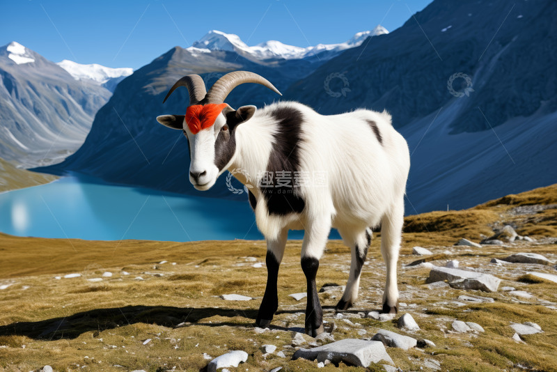 高清大图下载【趣麦麦图】高山湖畔站立的带角山羊